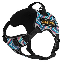 Dogline Quest No-Pull Dog Harness with 3D Rubber Deaf Dog Removable Patches Reflective Soft Comfortable Dog Vest with Quick Release Dual Buckles Black Hardware and Handle 18 to 22 inches Aztec