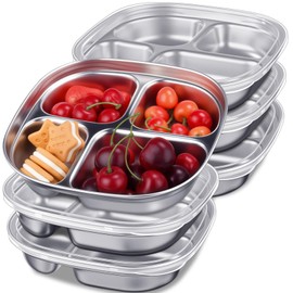 Potchen 6 Pack Stainless Steel Snack Containers with Lids, Reusable 4 Compartments Bento Boxes Meal Prep Snack Lunch Box for Divided Food Storage Container for School Home Travel