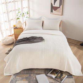 DAWNDIOR Twin Quilt Bedding Sets & Collections Modern Farmhouse Boho Luxury Neutral Stitch Bedspread Coverlet Soft Lightweight Cream Reversible Comforter for Summer (1 Quilt,2 Pillow Shams)