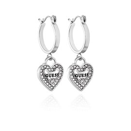 GUESS Silvertone Logo Heart Dangle Charm Hoop Earrings, ONE SIZE, Metal, No Gemstone