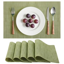 A Set of 6 Washable Vinyl Placemats, Woven, Washable, Non-Slip, Heat Resistant, Kitchen, Dining Table, Hotel, Place Mat 30 x 45 cm (Green)