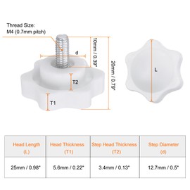 QUARKZMAN Pack of 10 Star Buttons M4 x 10 mm Male Thread 25 mm Plastic 6 Point Head Pin Button Hand Tightening Clamping Screw Replacement Thread Handle White