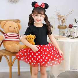 [MUXIU] Minnie Girl, Halloween, Minnie-chan, Costume, Kids, Cute, Popular, Polka Dot Pattern, Dress, Cosplay, Kids, Short Sleeve, Party Event, Performance Clothing, Red, Headband, Set of 2 (130, Red)