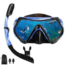 Snorkel mask Snorkeling Set for Adults and Youth, Diving mask and Full Dry Snorkel Swim Googles is Suitable for Snorkeling, Dive Scuba Diving, Swimming (Blue and White-Black)
