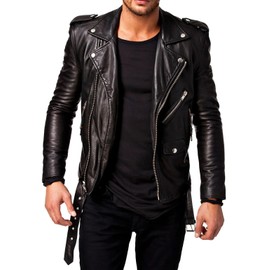 DECIMAL Men's Black REAL Lambskin Leather Biker Jacket VINTAGE GENUINE MOTORCYCLE JACKETS FOR MEN (US, Alpha, Small, Regular, Regular, D BLACK)