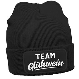 MoonWorks® Men's Beanie with Patch Knitted Hat with Saying Team Glühwein Print Funny Hat Men, Team mulled wine black