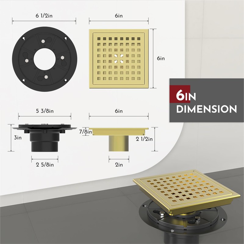 WEBANG 6 Inch Square Shower Floor Drain with Flange,Quadrato Pattern