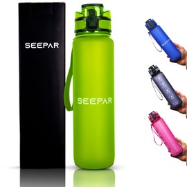 SEEPAR Water Bottle 1L with Time Markings- Blue Drink Bottle - US Tritan, Leak Proof Motivational Water Bottle with Removable Filter in 4 Eye Catching Colours (Green)