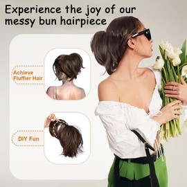 RPAEOY Hairpiece Hair Extensions Ponytail Extension Synthetic Wavy Curls Hairpiece Ponytail Extension Braid Hair Clip Short Bun Extension Synthetic Hairpiece for Women (Dark Brown)