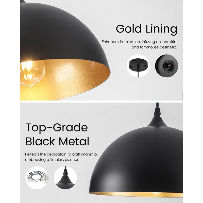 Otmilance Black Pendant Lights Kitchen Island 2-Light, Black Dome Pendant