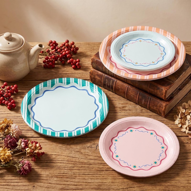 48pcs Italian Summer Party Plates Striped Paper Plates 9" +