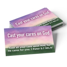 Cast Your Cares on God, 1 Peter 5:7, Bulk Pack of 25 Affirmation Scripture Cards for Kids, Pass it On Christian Bible Verse Cards for Sunday School, Childrens Church, & Youth Group Ministry
