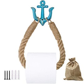 Nautical Toilet Paper Holder Wall-Mounted Rope Paper Roll Holder and Towel Holder for Bathroom, Natural Rustic Jute Rope with Anchor Decor for Nautical Beach Seaside Themed Bathroom (Blue)
