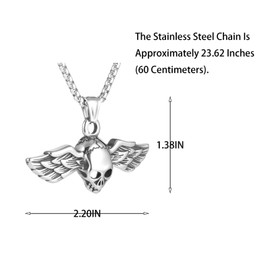 Men'S Gothic Punk Hip-Hop Rock Angel Wings Skull Pendant Necklace, 316L Stainless Steel Material, Silver Stainless Steel Square Pearl Chain, Vintage Jewelry