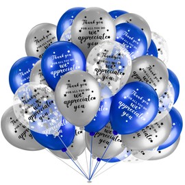 Seenelling 80 Pcs Thank You for All You Do, We Appreciate You Balloons Thank You Balloons for Housekeeping Pastor Employee Appreciation Party Decor(Blue, Silvery, Transparent Silver)