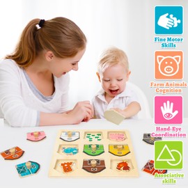 LZDMY Montessori Toy from 1 Year Baby Wooden Puzzle, Farm Motor Skills Toy for 12-36 Months Girls Boys Children Gripping Puzzle Plug-in Toy Sorting Game Birthday Christmas Easter Gift
