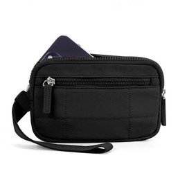 DOB SECHS Small Quilted Wristlet Wallet for Women RFID Nylon Puffer Clutch Bag with Zipper Pockets Back Clear Pocket, Phone Bag with 3 Credit Cards Slots for Travel Shopping, Black