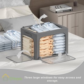 3 Openings Clothes Storage Bins Box - 3Pack Stackable Foldable Storage Bin - Metal Frame Storage Box Clothing Storage Organizer with Clear Window, Carry Handles (36L-15.7x11.8x11.8in, Drak Grey)