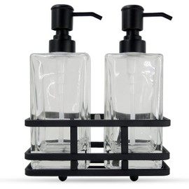 Square Glass Clear Lotion and Soap Pump Dispenser Set with Metal Stand Caddy for Bathroom Bath Kitchen Home Office Travel Hotel Hand Crafted Heavy Weight Matte Black