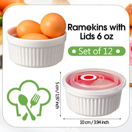 LOYIM 12 Pack 8 oz Ramekins with Lids Oven Safe Porcelain Creme Brulee Ramekins with Covers White Pudding Custard Cups Stackable Ramekins Ceramic Bowls for Baking Dishwasher Ice Cream Serving Dip