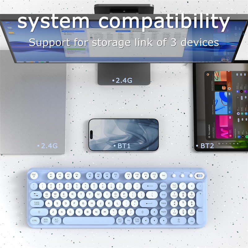 COVEVA Wireless Bluetooth Keyboard, Full Size Retro Round Keycaps(Blue)