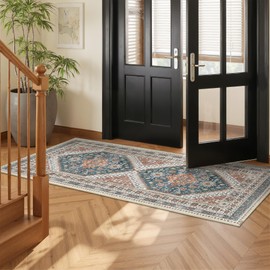 Restydon Runner Rug 2x6, Ultra-Thin Entryway Rug Non Slip Washable Rugs for Laundry Room, Runners for Hallways, Vintage Soft Rugs for Living Room, Kitchen, Bedroom(Blue/Red,2'x6')