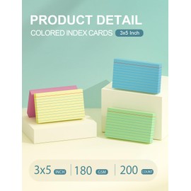 Colored Index Cards 3x5 Inch - 200 Pack, Heavy Ruled Index Flash Cards for Studying, Lined Index Note Cards 3" x 5" with Colorful, Neon Colored Flashcards Notecards for Office & Teaching Supplies