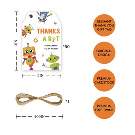 50pcs Robot Thank You Tags, Thanks A Bot Gift Tag with String for Boy Birthday Party, Robot Gears Thank You Paper Tags for Robot Birthday Party Favors