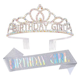 Chanaco Happy Birthday Crown and Sash Kit for Women and Girls - Rhinestone Tiara and Sashes with 'BIRTHDAY GIRL' Sash for Party Favors