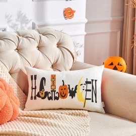 Alysheer Embroidered Lumbar Decorative Fall Throw Pillow Cover 12"x 20", Farmhouse Cottage Embroidery Chic Pattern, 100% Cotton Canvas Cushion Case for Sofa Couch Bedroom Decor