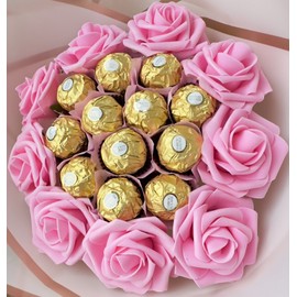 Ferrero Rocher Pink Roses Bouquet with Ferrero Rocher Chocolotes. Gift for Mother, Friends