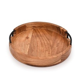 Mahasu Tray Acacia Wood Round Serving Tray with Iron Handles for Coffee Table Decor Centerpiece Kitchen Counter (12" X 12" X 1.6")