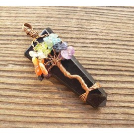 BLACK TOURMALINE COPPER FLAT POINT TREE OF LIFE PENDANT GEMSTONE