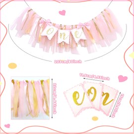TUONYIS ONE Highchair Banner, ONE First Birthday Banner, 1st Birthday High Chair Ribbon Banner, ONE High Chair Bunting Banner, Baby Girls One Birthday Banner for Baby Birthday Party (Pink)