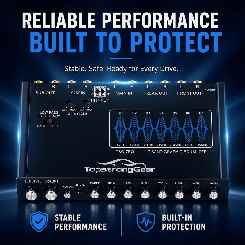 TOPSTRONGGEAR TSG7EQ 7-Band Car Audio Graphic Equalizer with Front 3.5mm