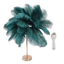 Ostrich Feather Table Lamp Rechargeable Modern Romantic Decoration Lamp Bedroom Bedside Lamp for Home Decoration Dark Green