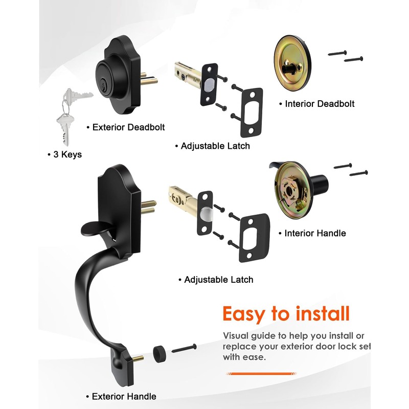 Haidms Matte Black Front Door Handle and Deadbolt Set, Front