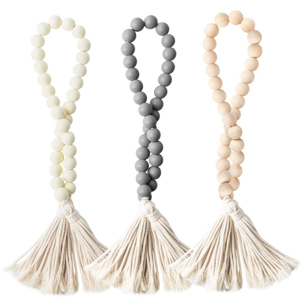 R HORSE 3 Pcs Classic Wood Beads Tassel, 27 Inch White & Beige & Gray Wood Bead Garland Farmhouse Rustic Beads with Jute Rope Plaid Tassel Natural Wood Beads for Home Décor