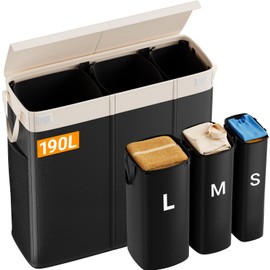 190L Laundry Hamper with Lid, Large Laundry Basket with Lid and 3 Section, Sturdy Laundry Baskets with 3 Removable Bags (L M S), Dirty Clothes Hamper Organizer for Laundry Room, Bedroom and Dorm Room