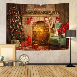 Winter Christmas Backdrop Party Tapestry Wall Hanging, Xmas Santa Claus Tree and Fire Place for Background Tapestries, Wall Posters Tapestry for Bedroom Living Room Dorm Wall Decor, 90 x 70 inches