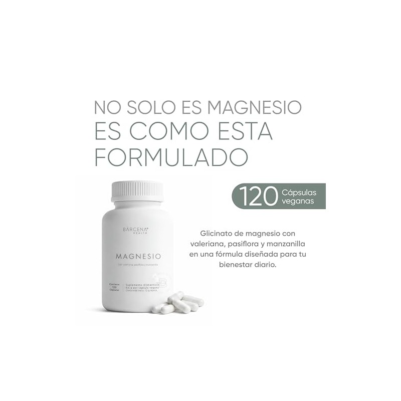 Glicinato Magnesio 400mg 120 Cápsulas Veganas Valeriana Pasiflora Manzanilla Suplemento