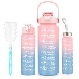 3 Pack Water Bottle BPA Free ,2L/800ML/300ML Sport Water Bottles with Straw & Brush,Motivational Time Markings, Leak-Proof, 2 Liters Gym Drinks Bottle for Adults Women, Running,Cycling -Pink Blue