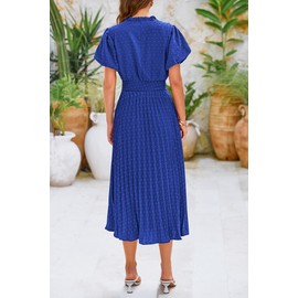 PRETTYGARDEN Womens Summer Midi Dresses Puff Short Sleeve V Neck Swiss Dot Pleated A Line Flowy Long Wedding Guest Dress (Blue,Medium)