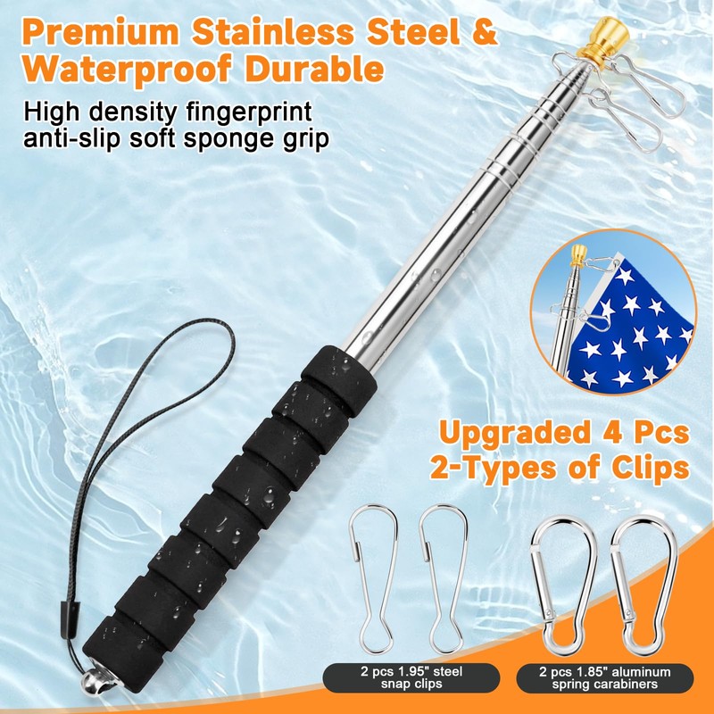 Telescopic Portable Handheld Flag Pole and 3'x5' American US Flag