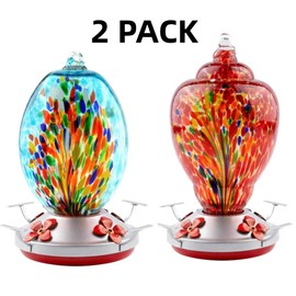 2 Pack Unique Hand Blown Glass Hummingbird Feeders for Outdoors Hanging Patio Garden Decorations Hummingbird Feeder with Ant Moat Hook Brush and Service Card (Blue and Fire)