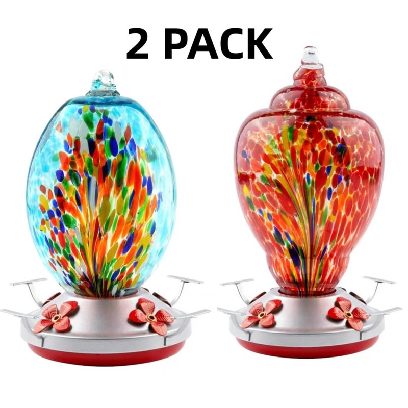 2 Pack Unique Hand Blown Glass Hummingbird Feeders for Outdoors