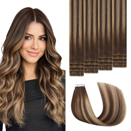 Sweetmet Invisible Tape in Hair Extensions Real Human Hair 3rd-Generation #4/27/4 Chocolate Brown to Caramel Blonde 20pcs 50g 22inch Insert Hand-Tied Invisi Edge Tape ins Extensions（#4/27/4a-22inch）