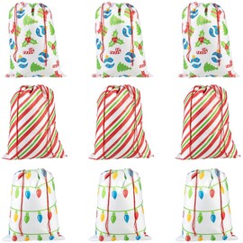 Fun Express Assorted Designs Jumbo Christmas Nonwoven Polyester Drawstring Bags (6 Pcs.) - Perfect for Holiday Party Favors, Event Gift Bags, & More