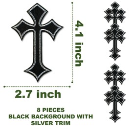 Cross Patches, Iron On Cross Embroidery Applique Patch, DIY Decor Aesthetic Patches for Jeans Jackets Backpacks Hats Shirts (8 Pieces Black Silver)