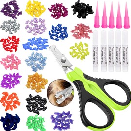 VICTHY 100pcs Cat Nail Caps with Clipper Set, Cat Nail Clipper + Nail Covers with Adhesive and Applicators Size Medium (5 COLORS)